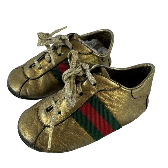 GUCCI Gold Leather Web Low Top Baby Sneakers Made in Italy Marked as 19 - 3.5 US - Picture 3 of 11
